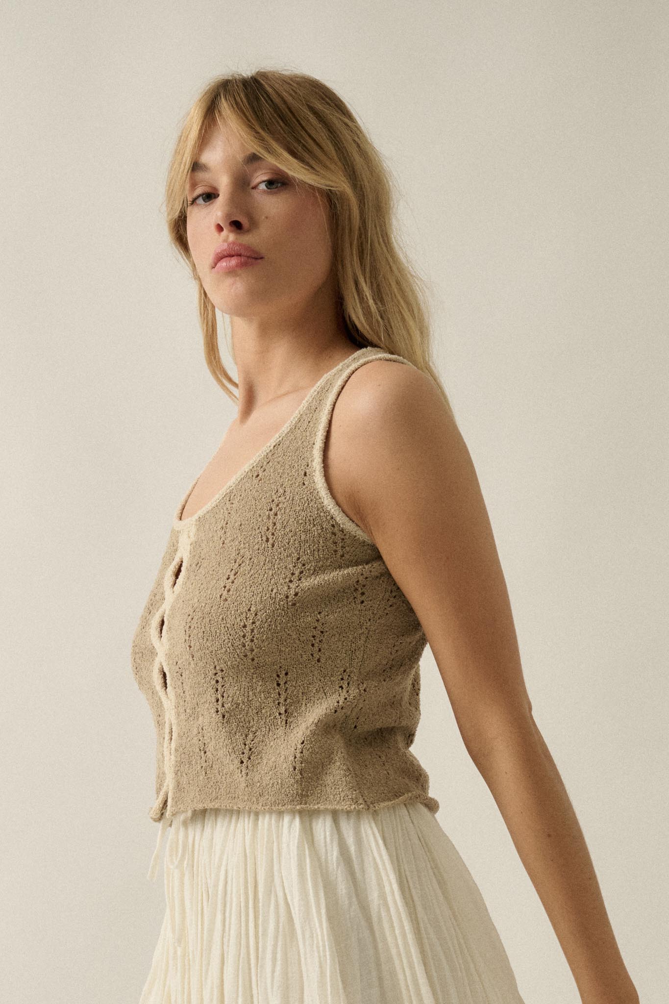 Say So Pointelle Contrast Keyhole Sweater Tank Top