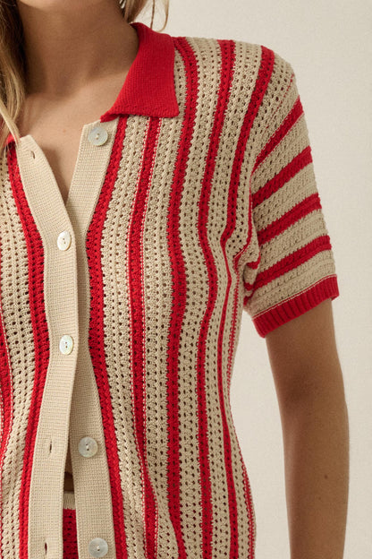 Day in the Sun Striped Crochet-Knit Camp Shirt