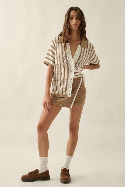Day in the Sun Striped Crochet-Knit Camp Shirt