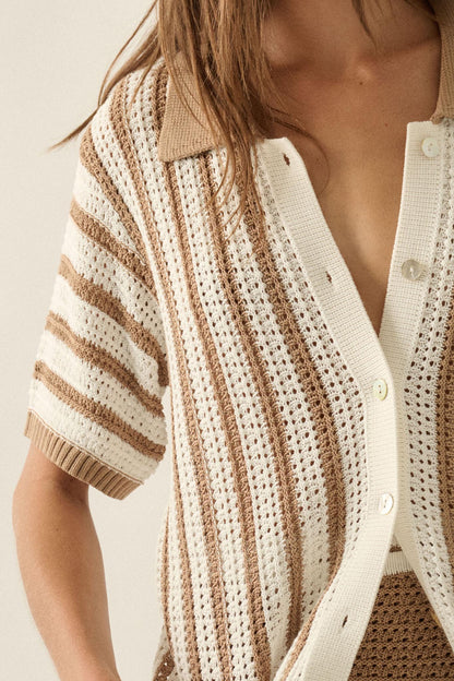 Day in the Sun Striped Crochet-Knit Camp Shirt