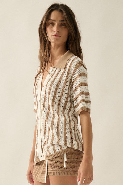Day in the Sun Striped Crochet-Knit Camp Shirt