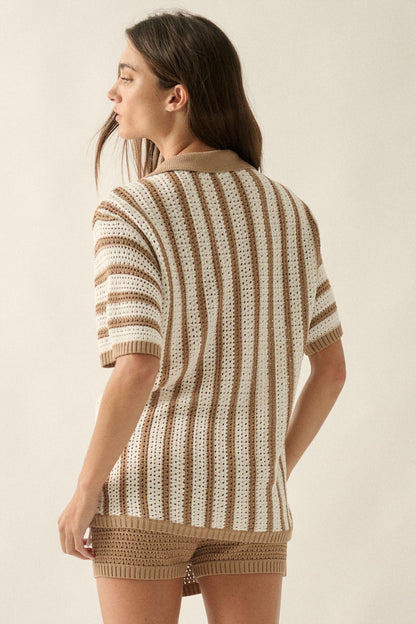 Day in the Sun Striped Crochet-Knit Camp Shirt