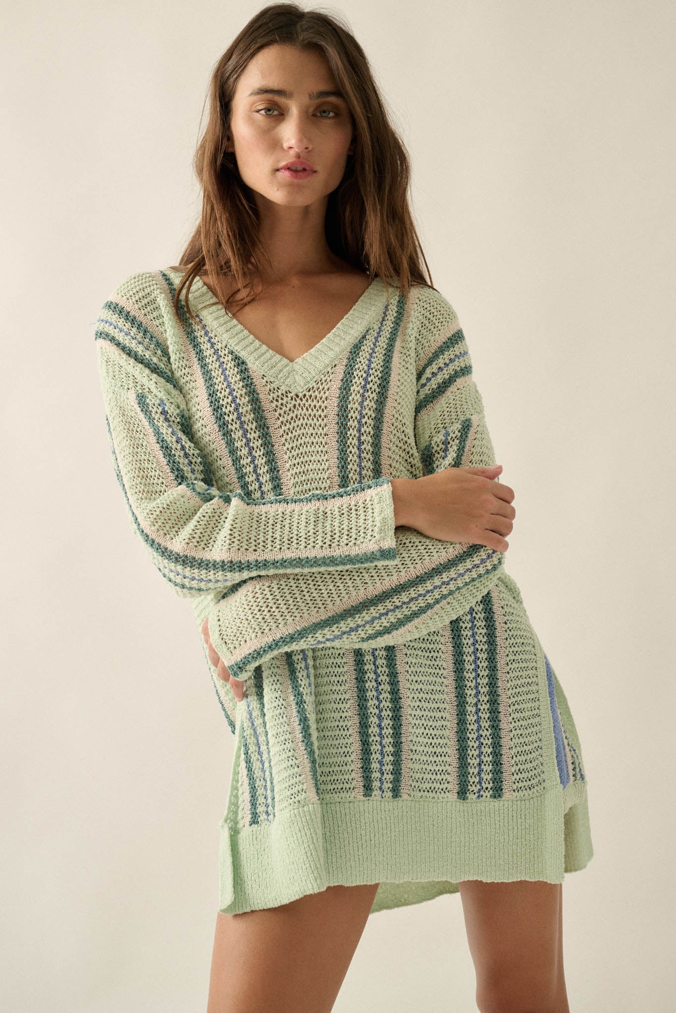 Low Tide Striped Crochet-Knit Oversize Sweater