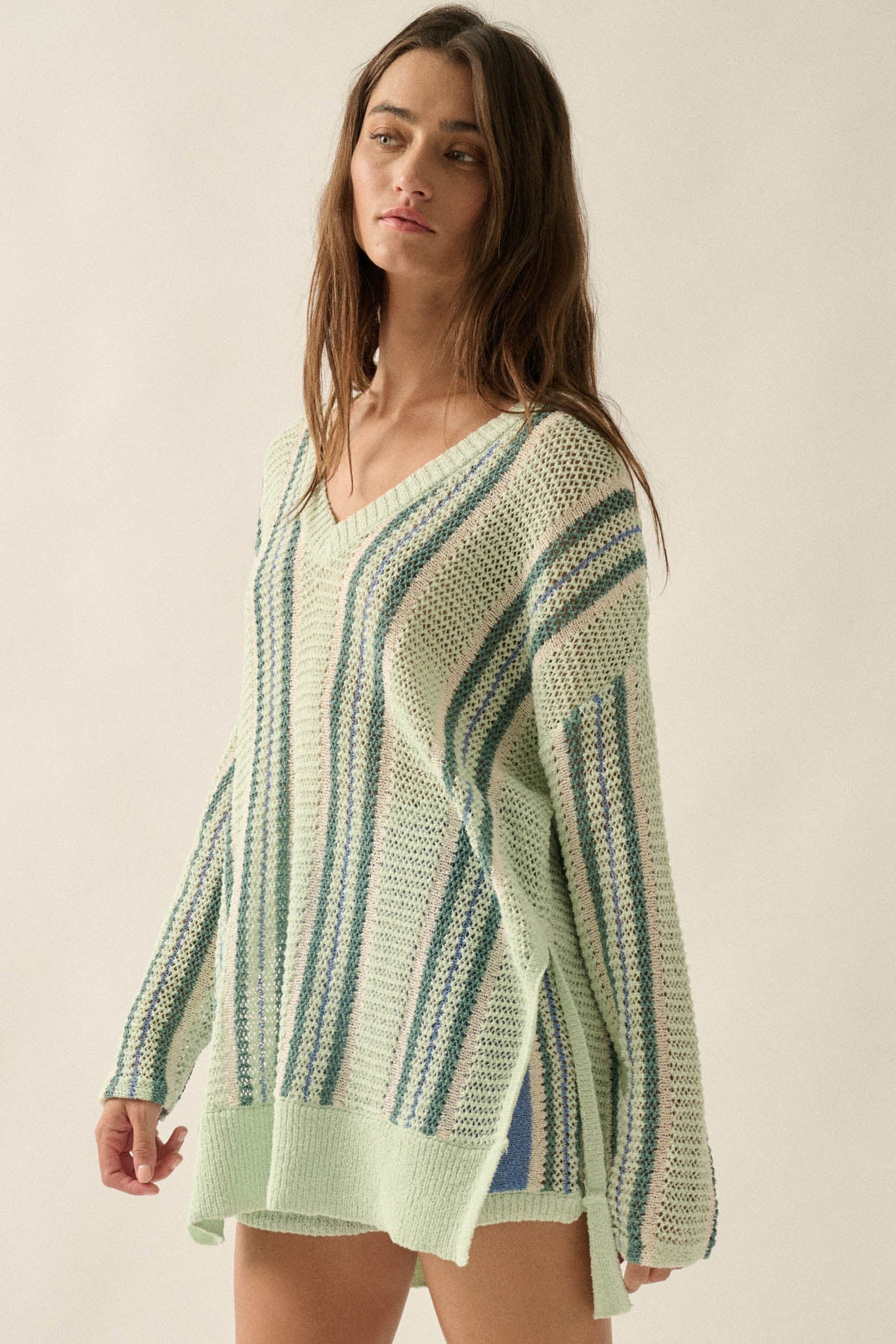 Low Tide Striped Crochet-Knit Oversize Sweater