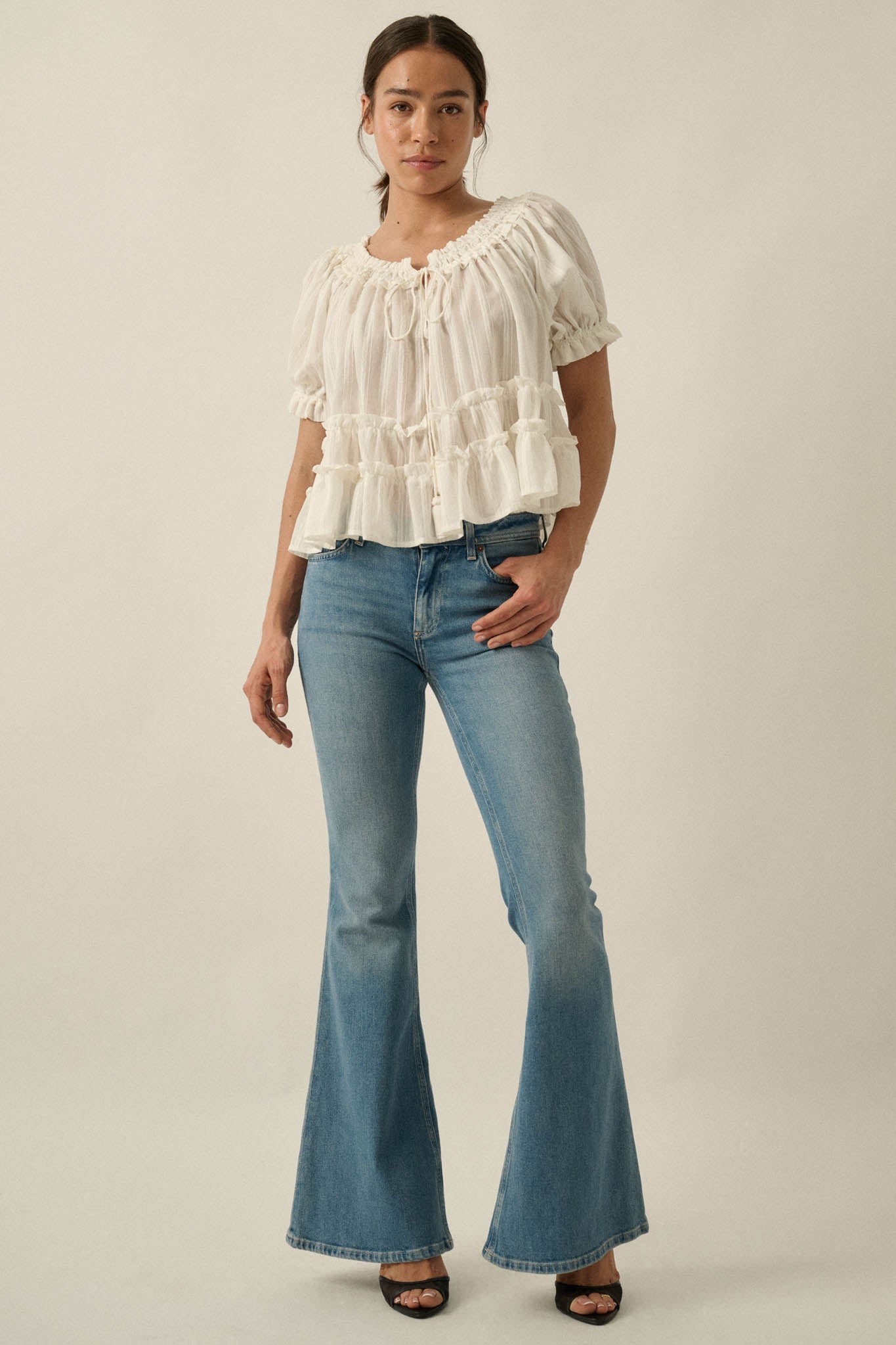 Precious Days Tonal Stripe Ruffle Babydoll Top
