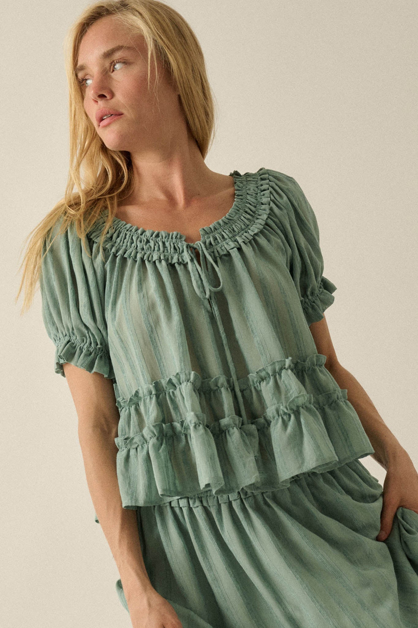 Precious Days Tonal Stripe Ruffle Babydoll Top