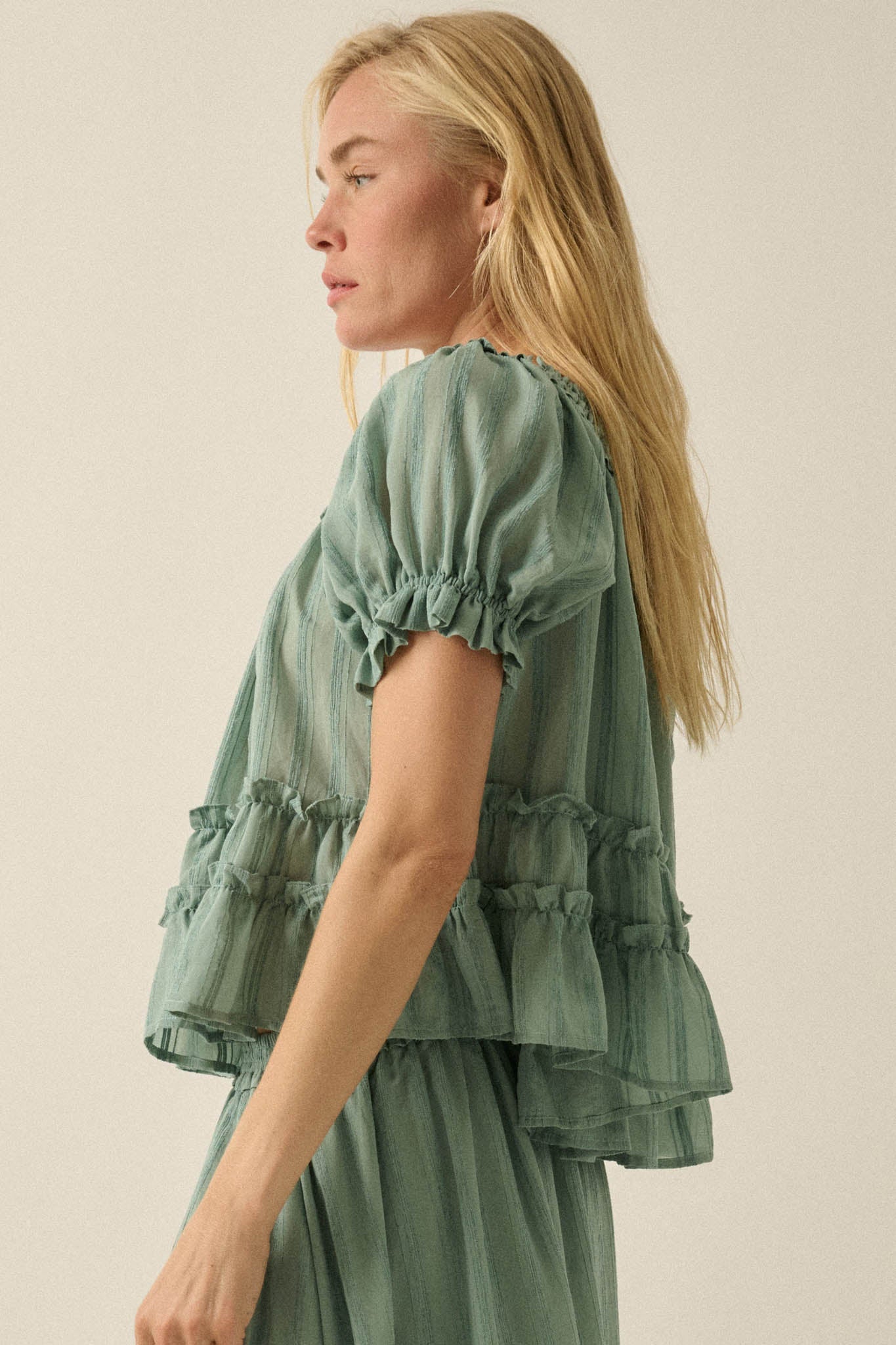 Precious Days Tonal Stripe Ruffle Babydoll Top