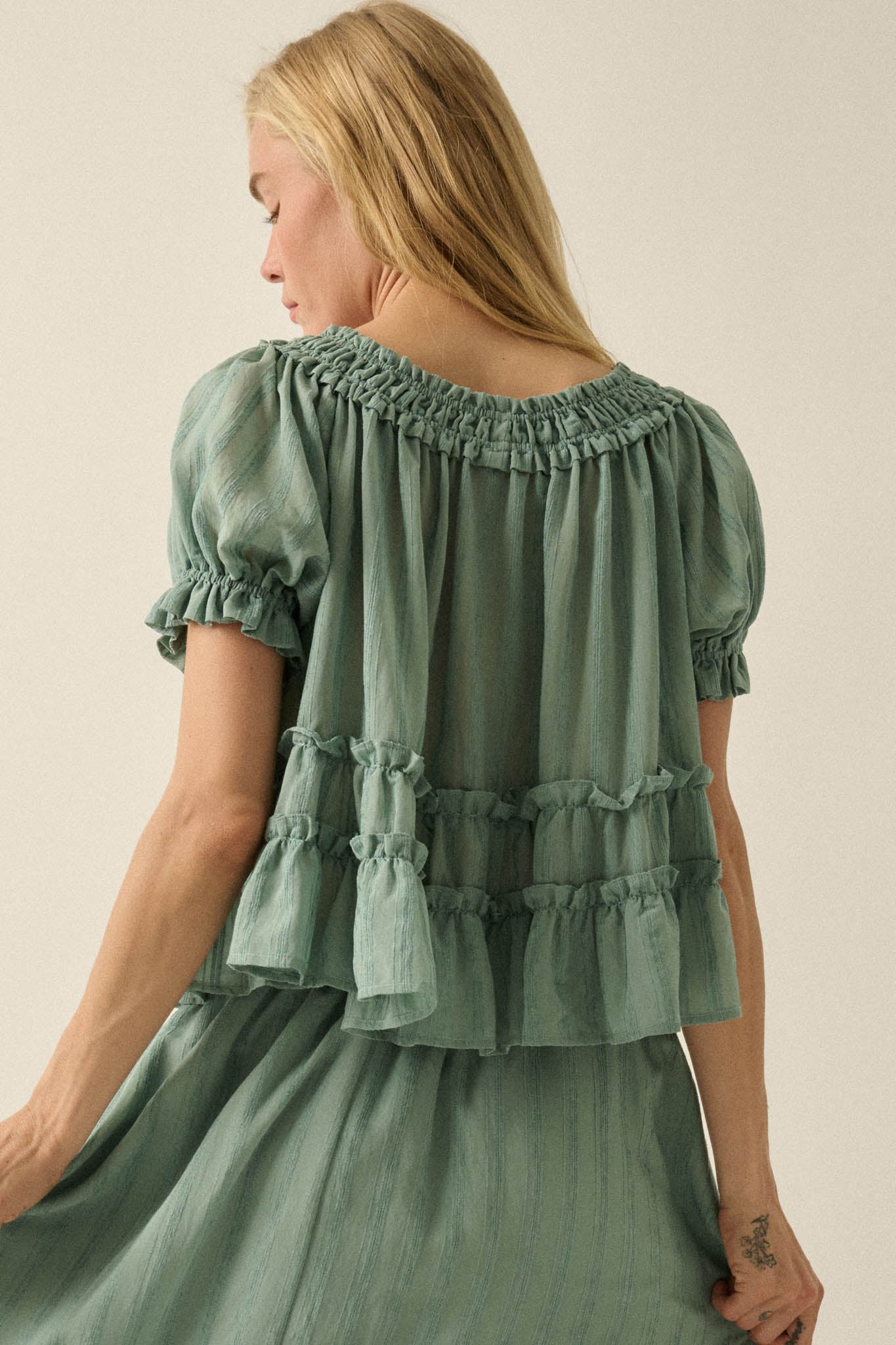 Precious Days Tonal Stripe Ruffle Babydoll Top