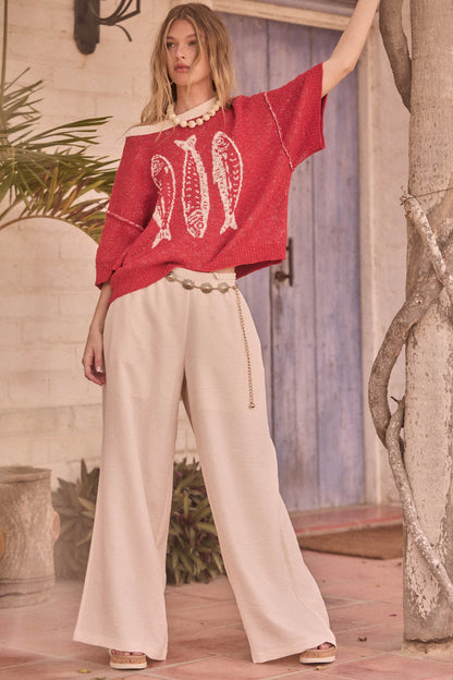 Plenty of Fish Jacquard-Knit Short-Sleeve Sweater