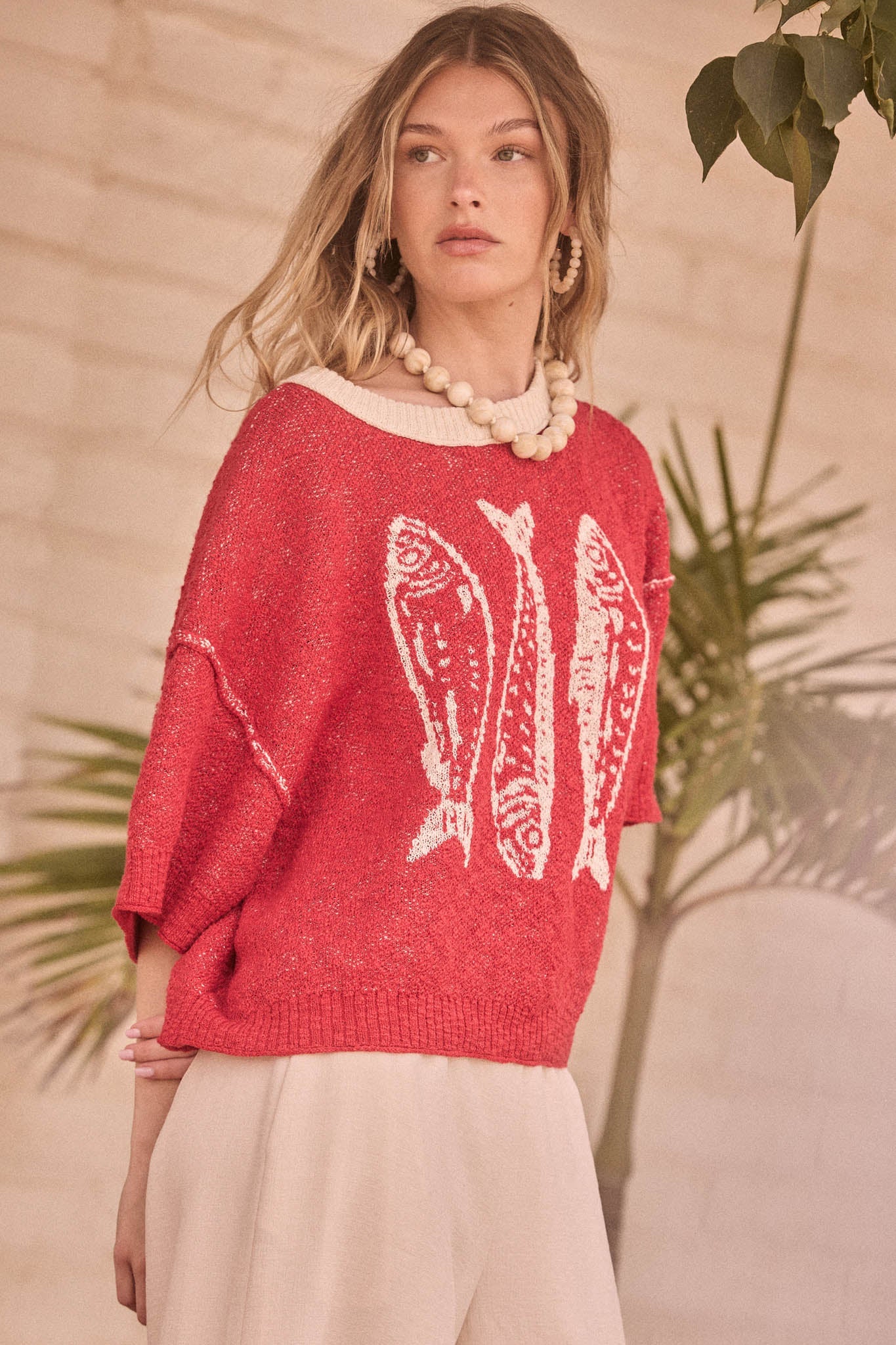 Plenty of Fish Jacquard-Knit Short-Sleeve Sweater
