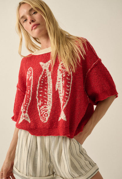 Plenty of Fish Jacquard-Knit Short-Sleeve Sweater