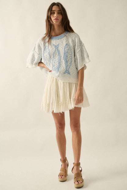 Plenty of Fish Jacquard-Knit Short-Sleeve Sweater