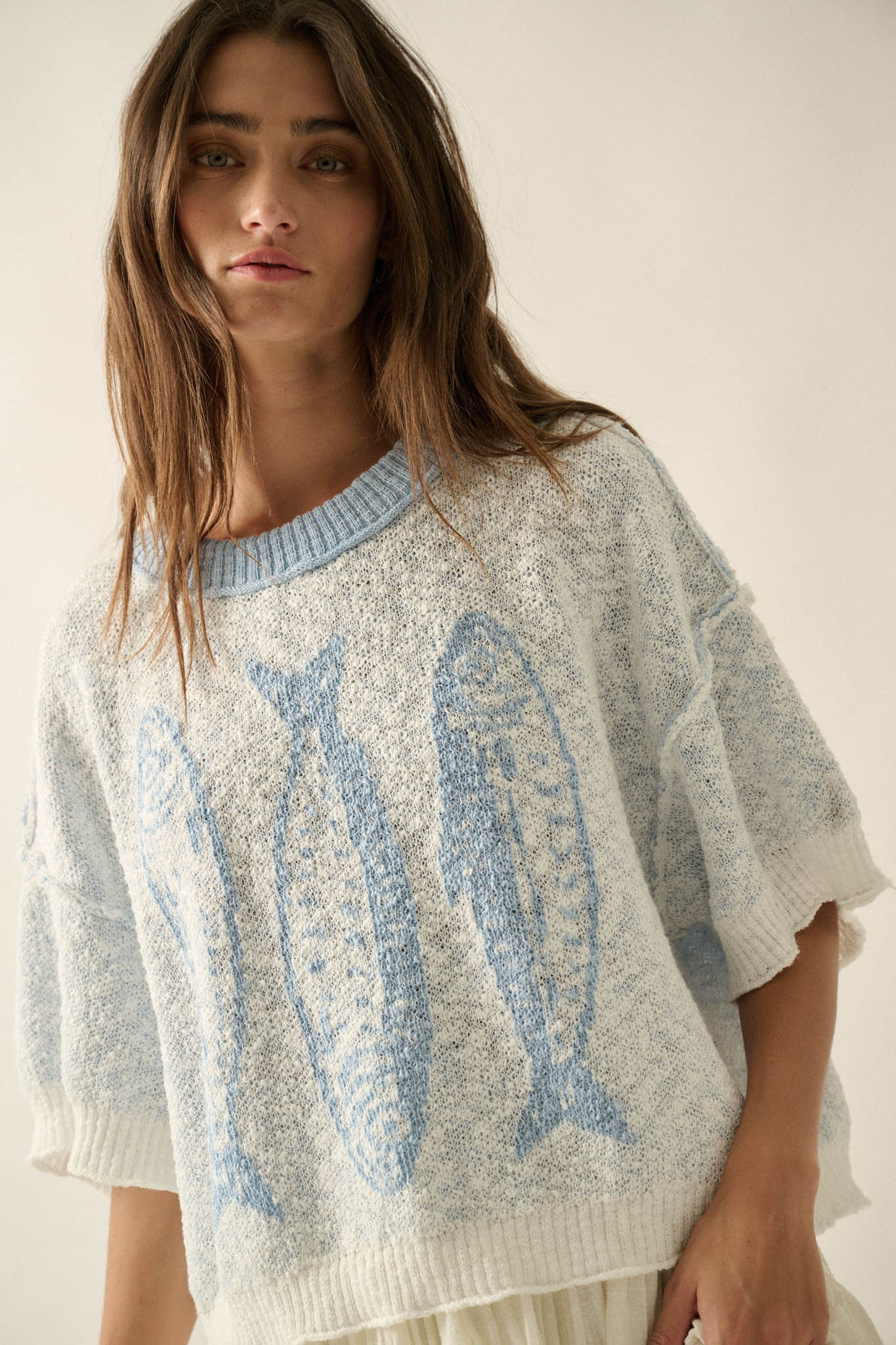Plenty of Fish Jacquard-Knit Short-Sleeve Sweater