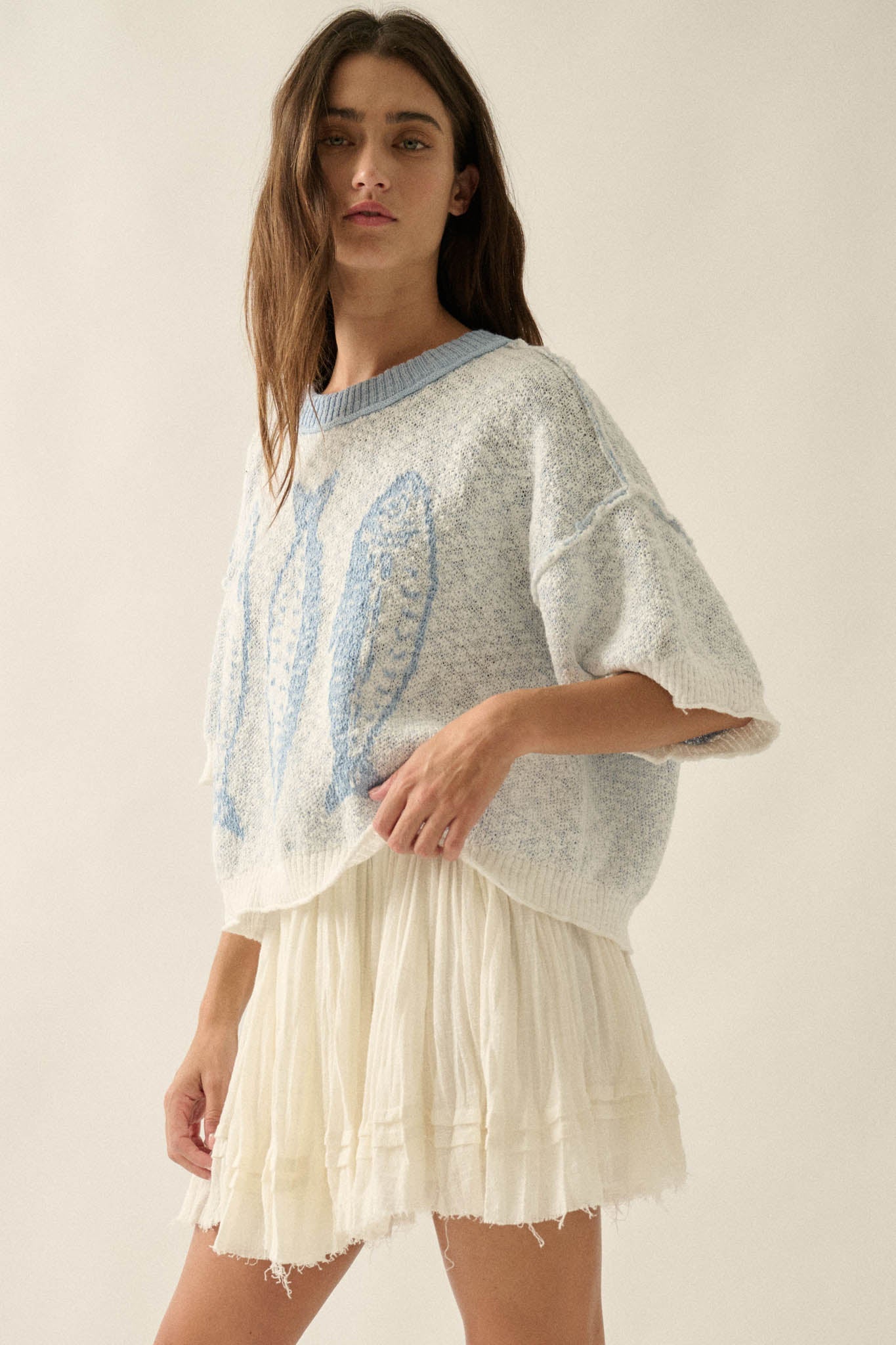 Plenty of Fish Jacquard-Knit Short-Sleeve Sweater