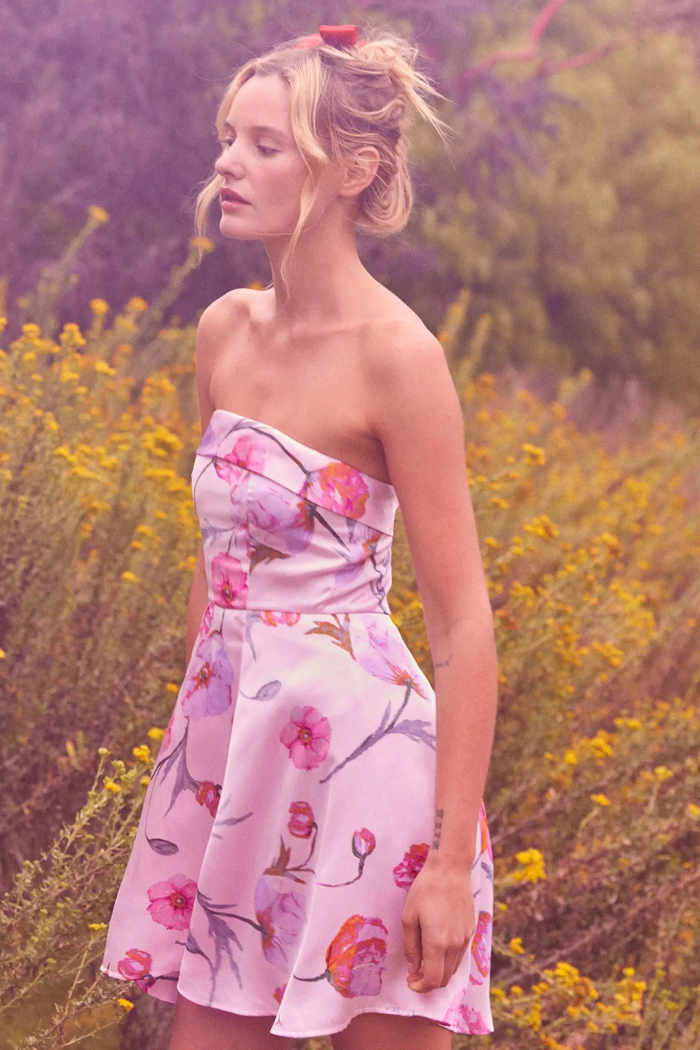 Spring Fever Floral Satin Strapless Mini Dress