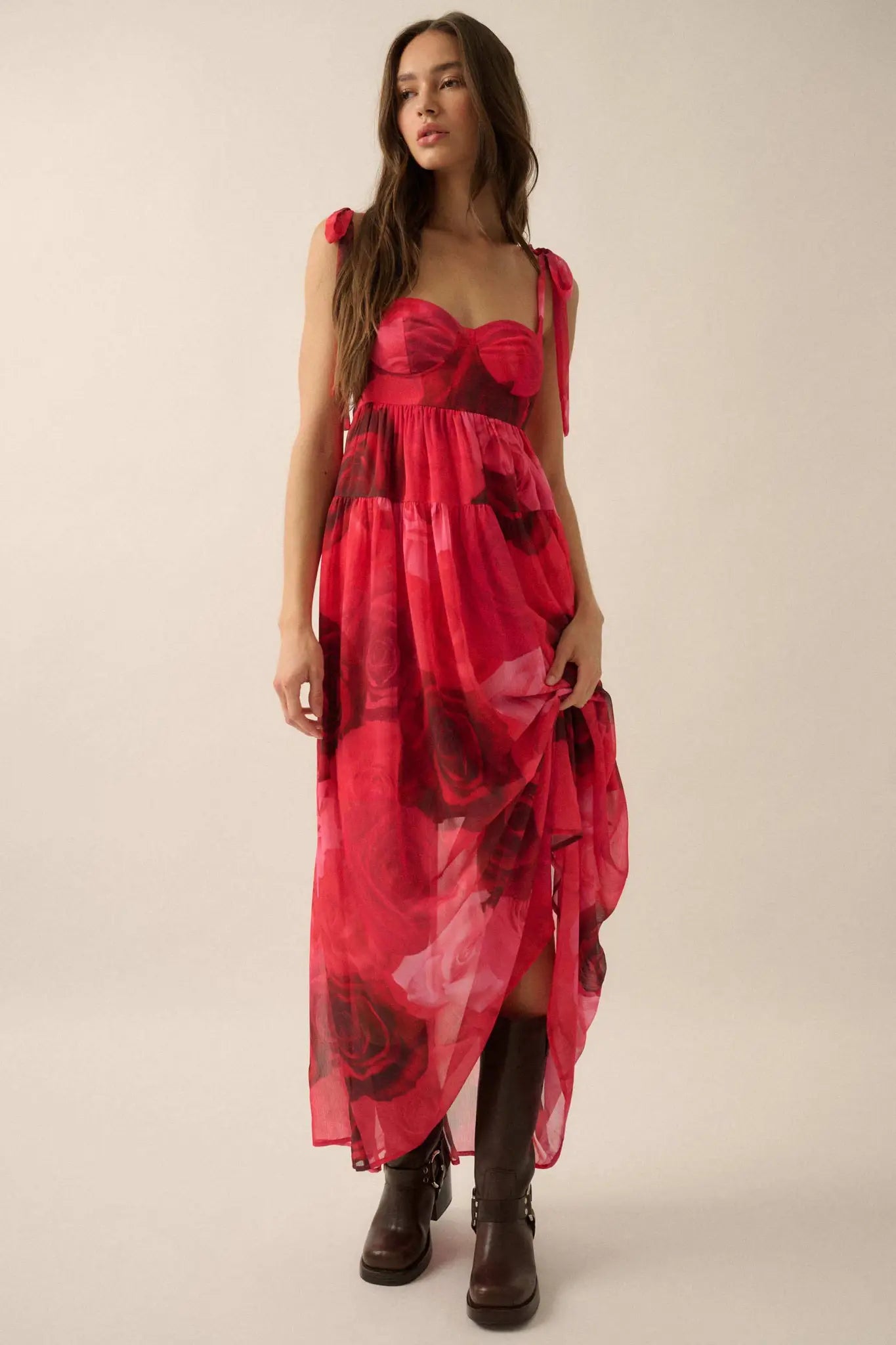 Coming Up Roses Floral Chiffon Tiered Maxi Dress