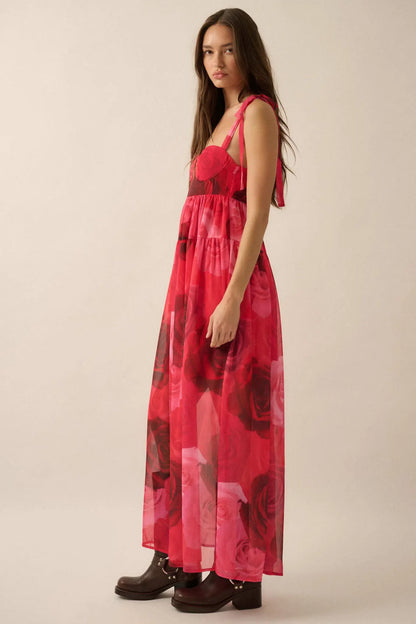 Coming Up Roses Floral Chiffon Tiered Maxi Dress