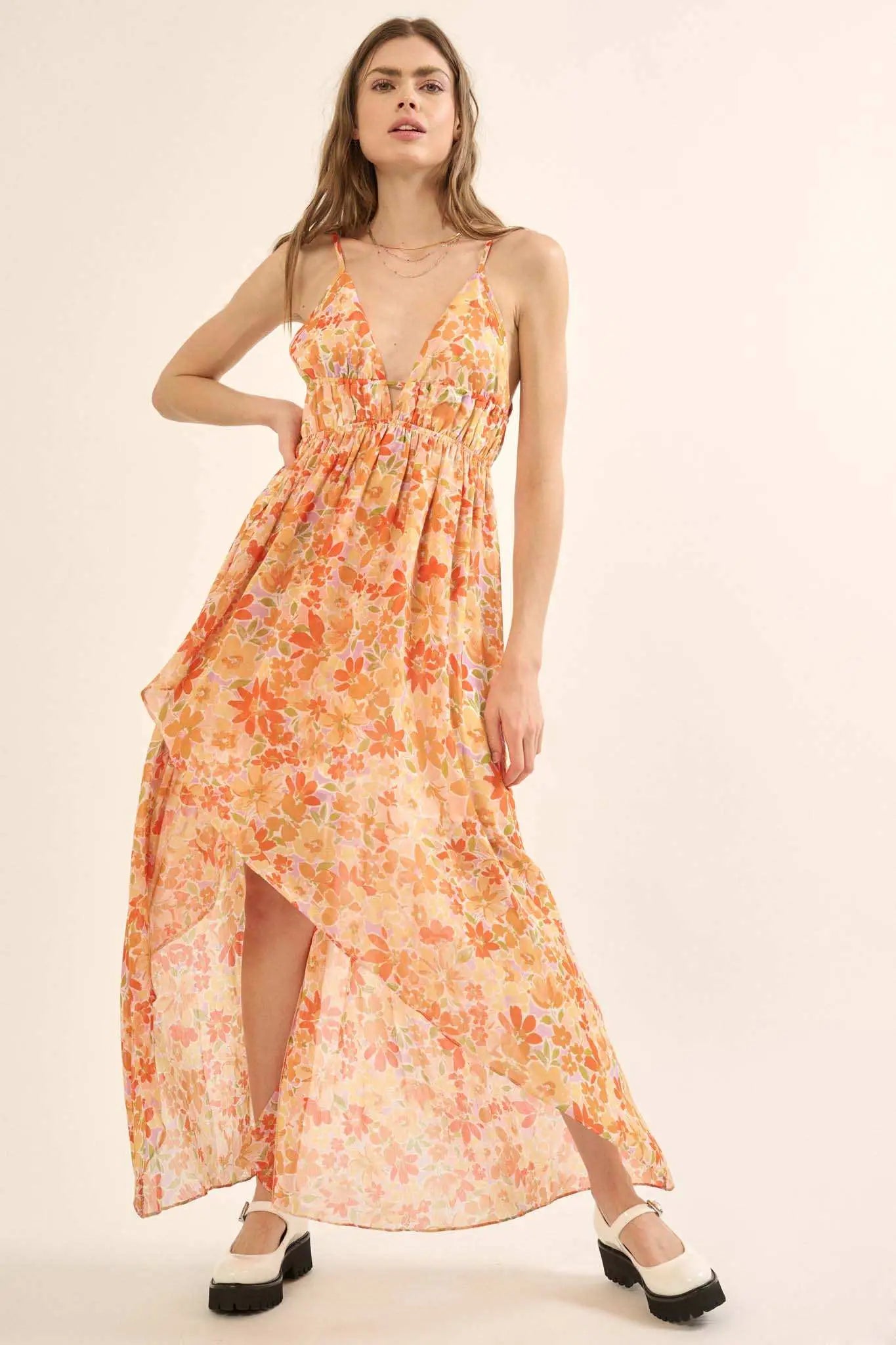 Marmalade Garden Floral Chiffon High-Low Maxi Dress