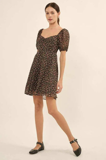 Roses are Red Floral Chiffon Mini Peasant Dress