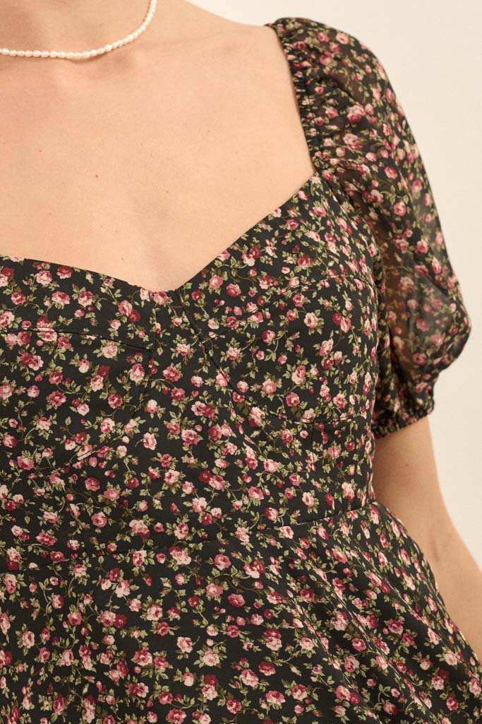Roses are Red Floral Chiffon Mini Peasant Dress