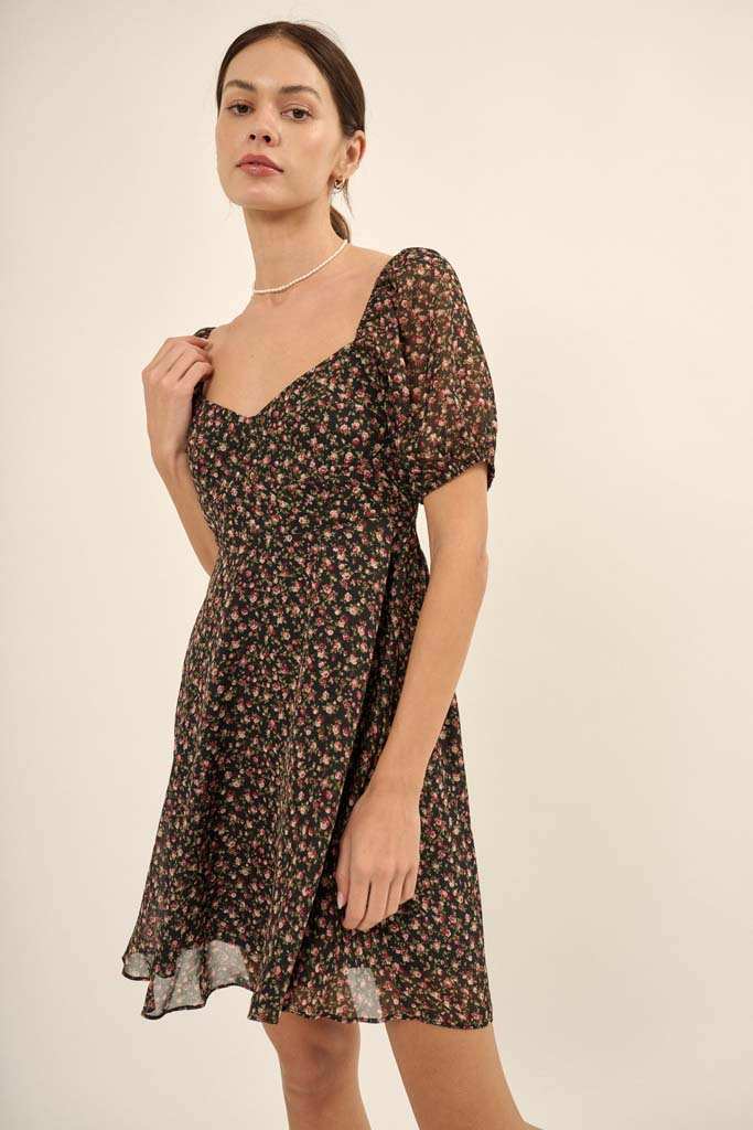 Roses are Red Floral Chiffon Mini Peasant Dress