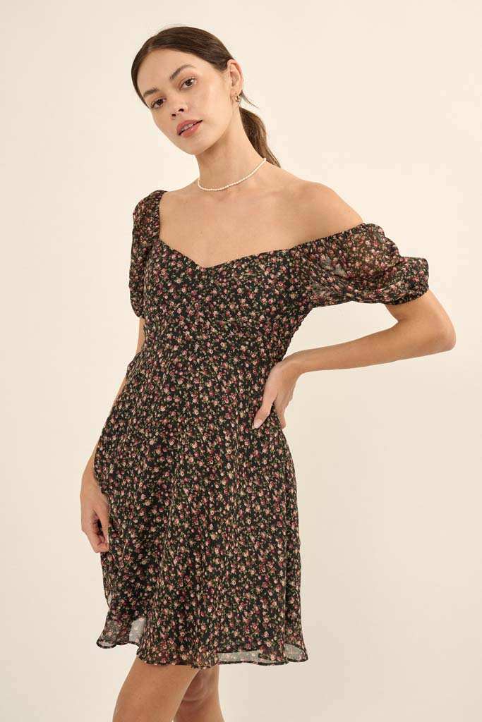 Roses are Red Floral Chiffon Mini Peasant Dress