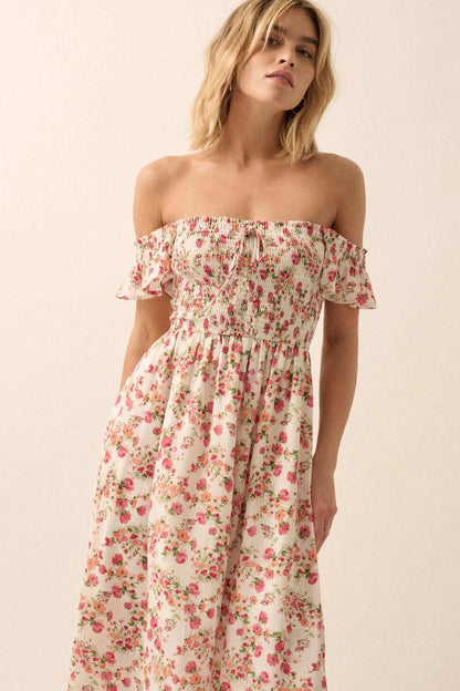 Budding Joy Smocked Floral Off-Shoulder Maxi Dress