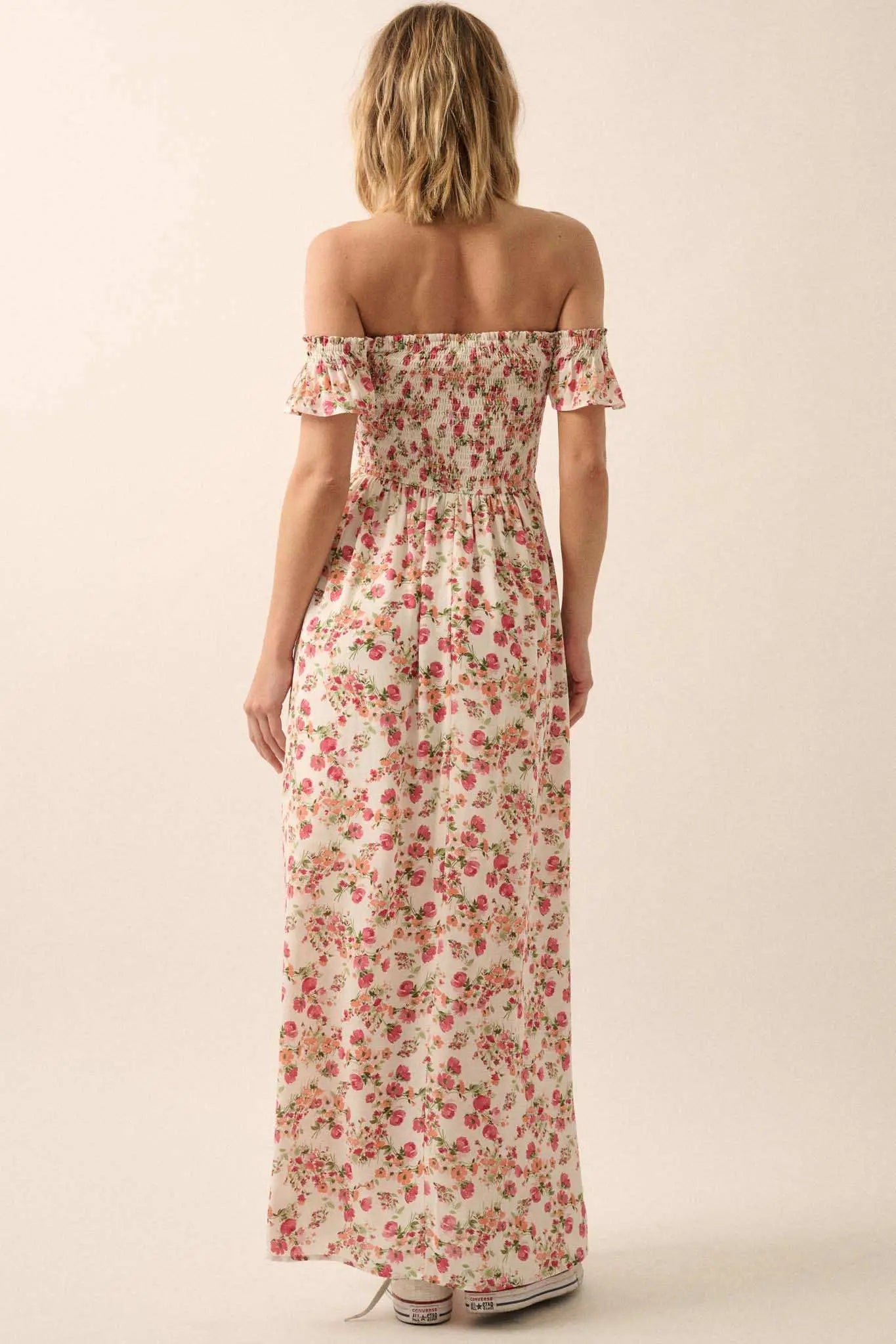 Budding Joy Smocked Floral Off-Shoulder Maxi Dress