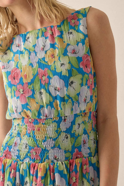 Rainbow Blooms Pleated Floral Mini Dress