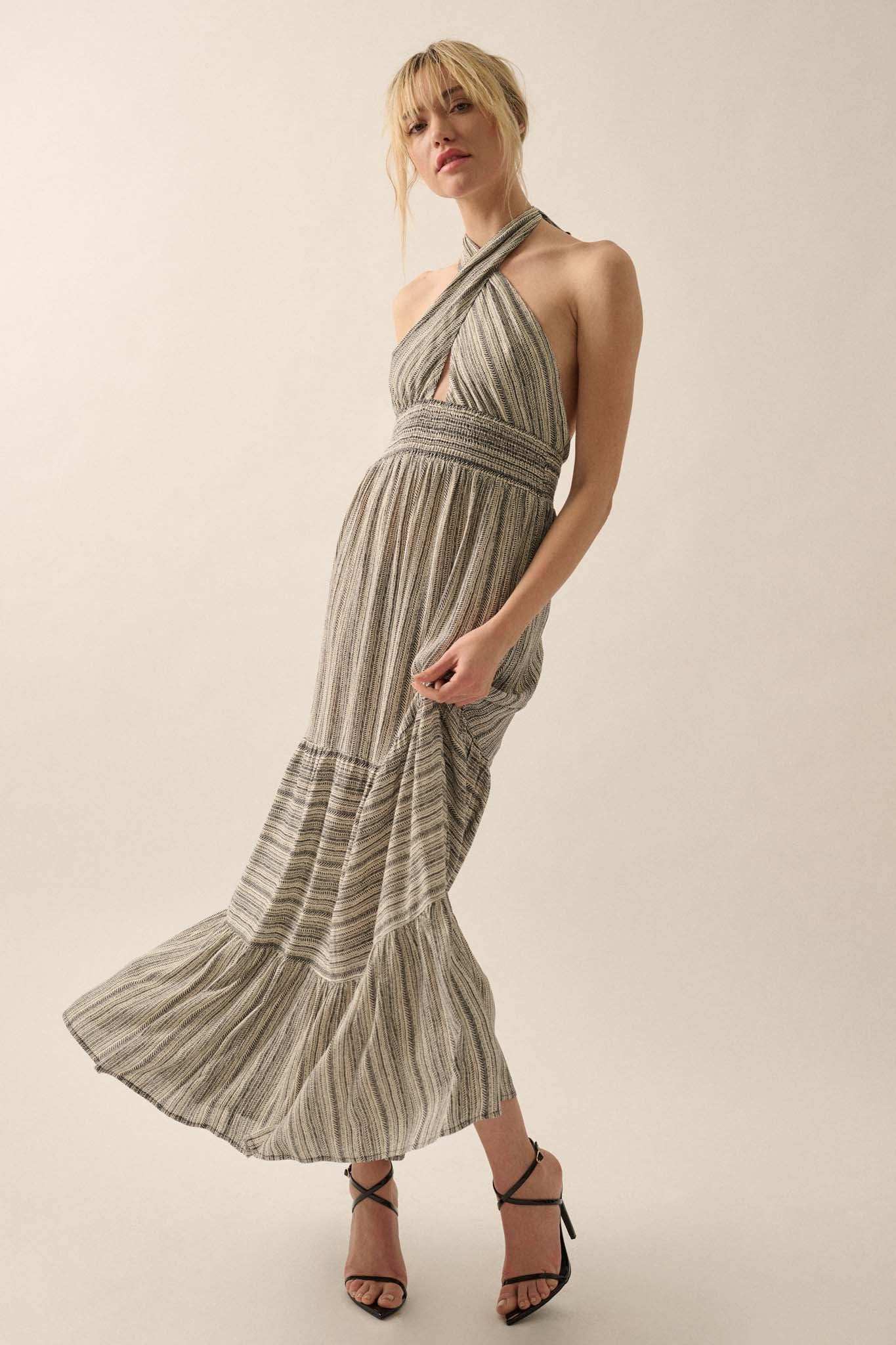 Soul Journey Striped Cross-Front Halter Maxi Dress