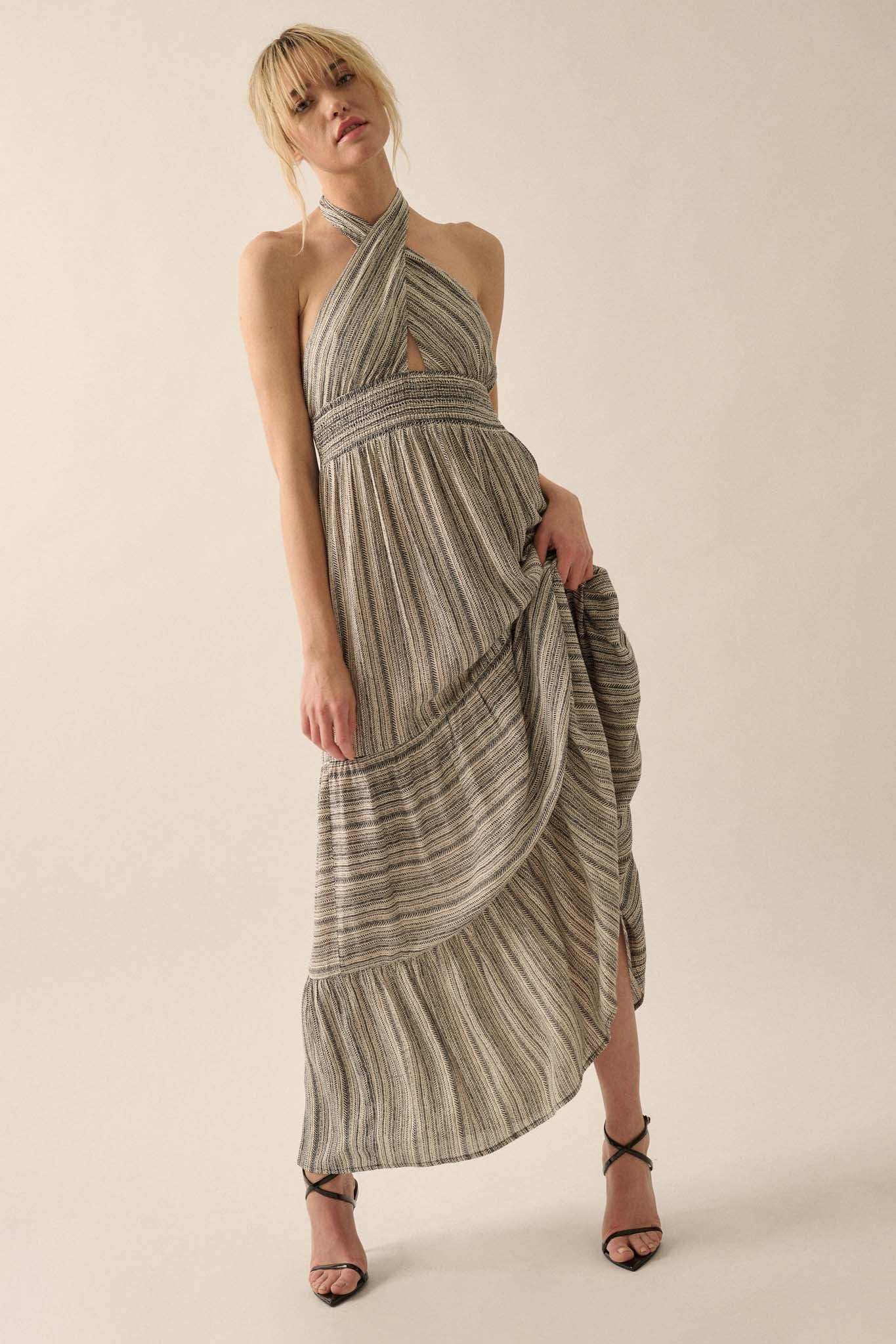 Soul Journey Striped Cross-Front Halter Maxi Dress