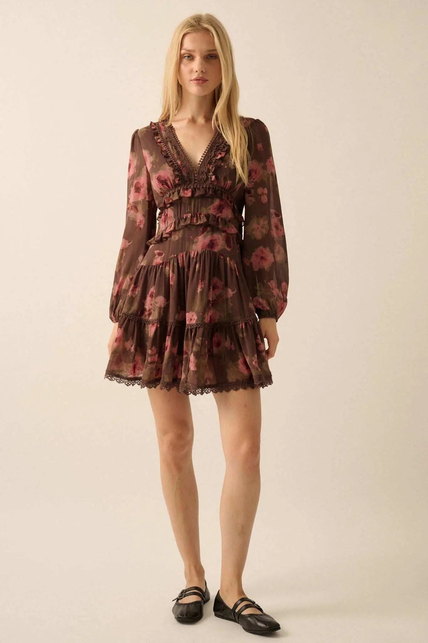 Rambling Rose Floral Ruffled Lace-Trim Mini Dress
