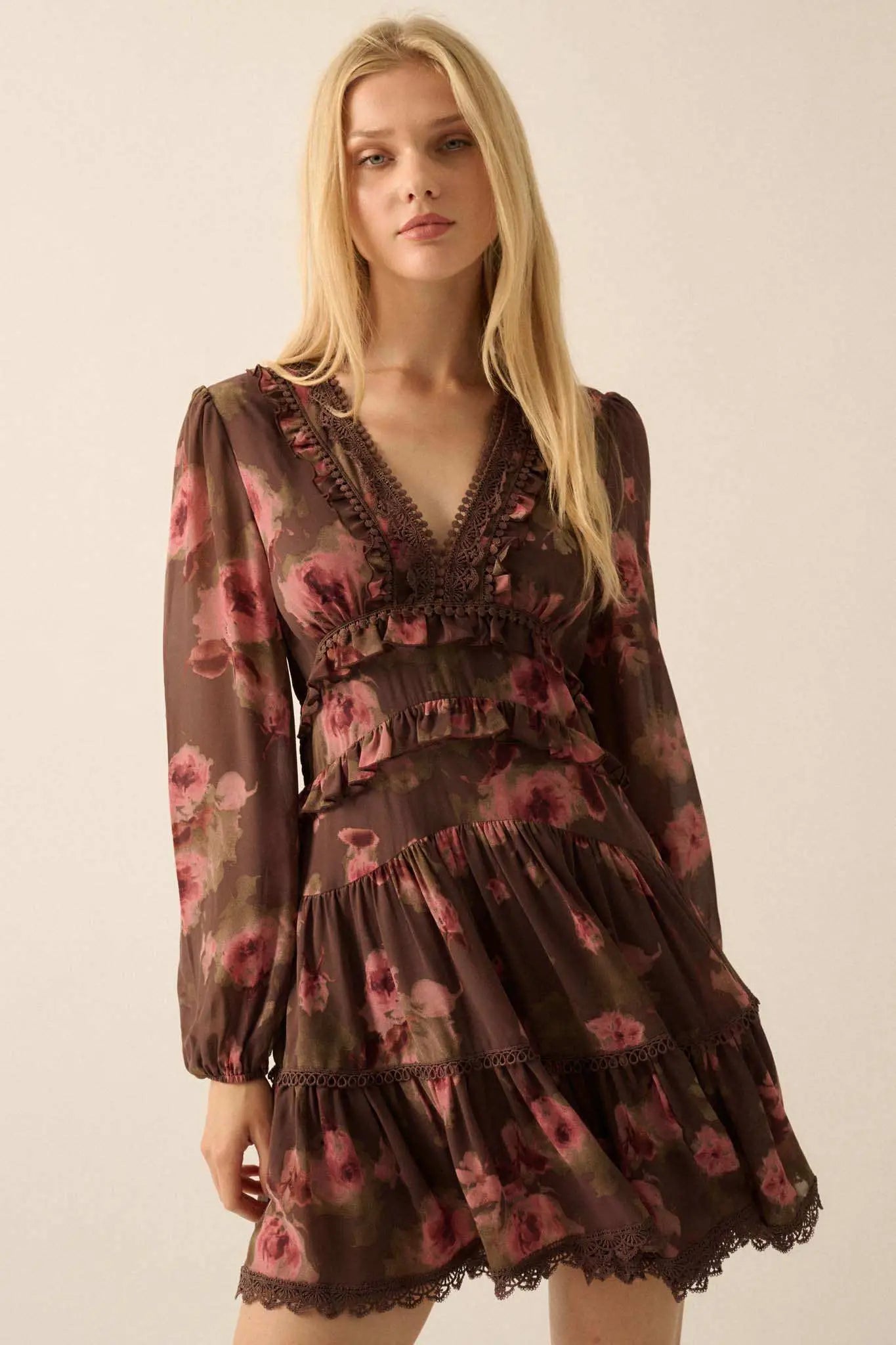 Rambling Rose Floral Ruffled Lace-Trim Mini Dress