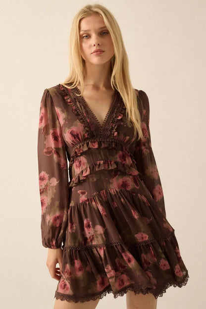 Rambling Rose Floral Ruffled Lace-Trim Mini Dress