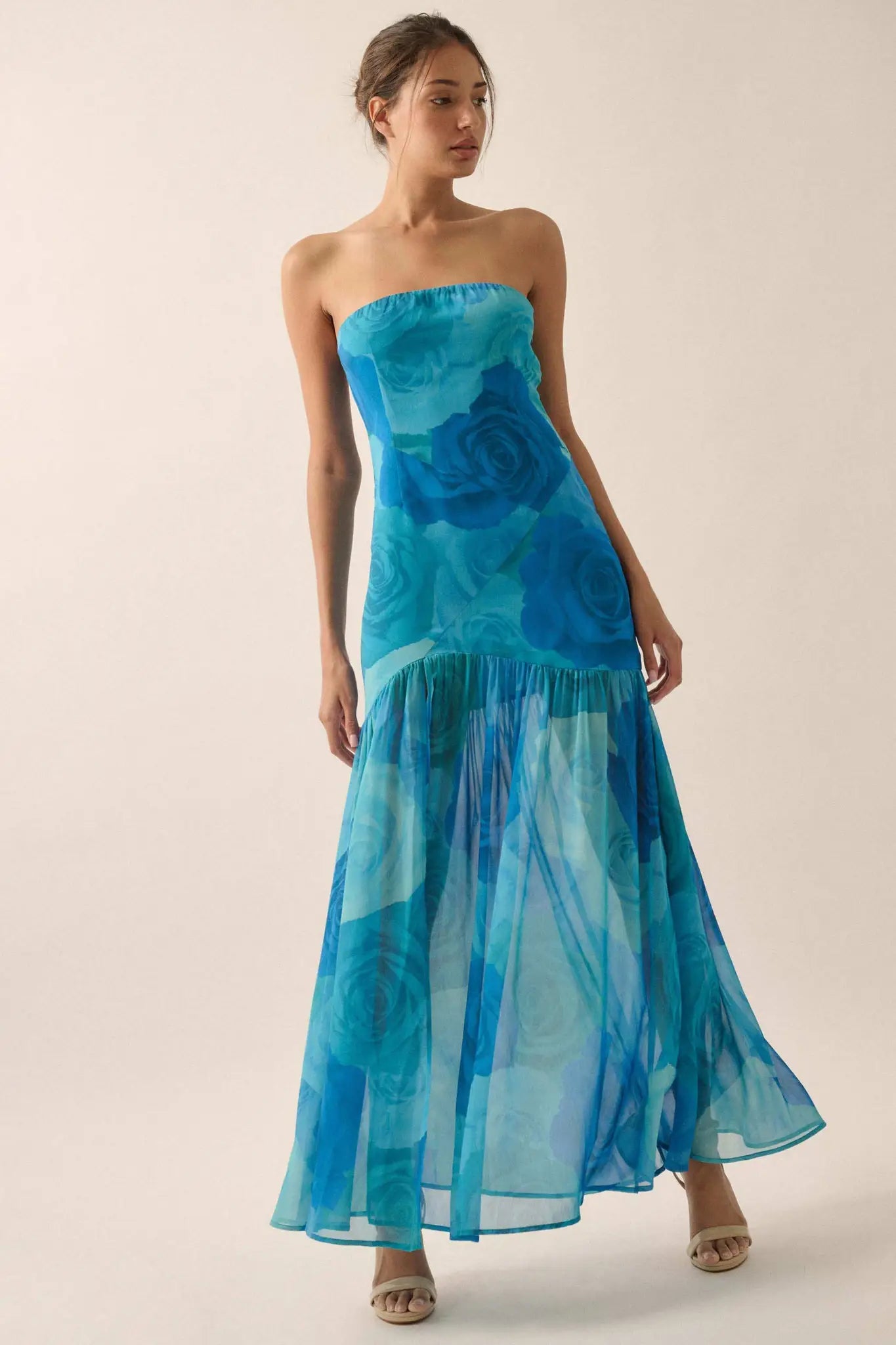 Roses Bloom Floral Strapless Drop-Waist Maxi Dress