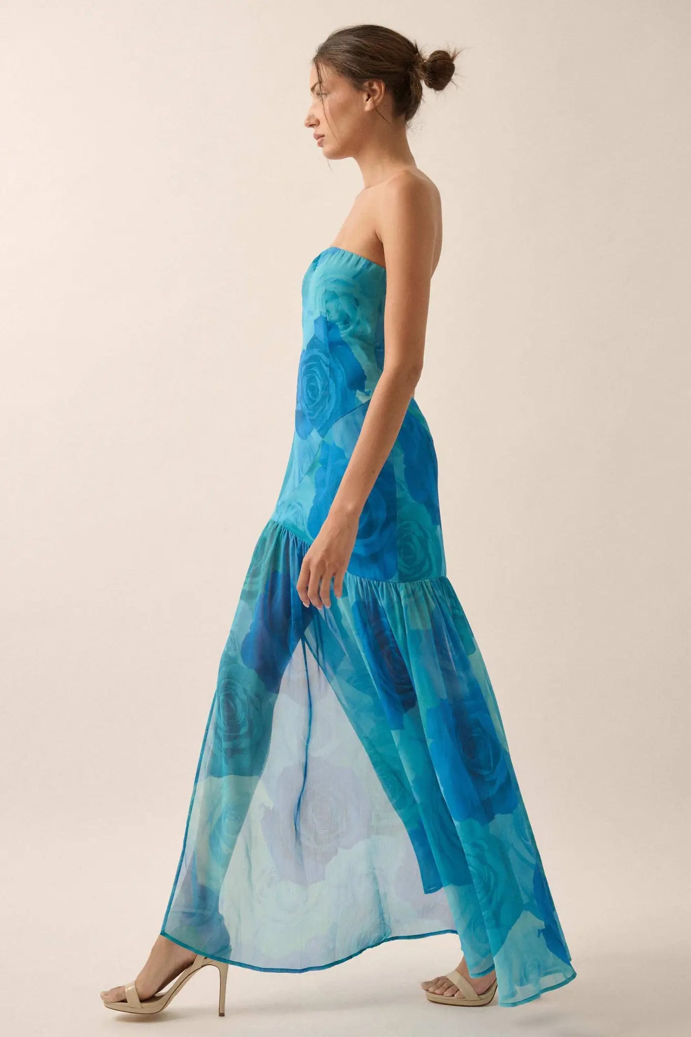 Roses Bloom Floral Strapless Drop-Waist Maxi Dress
