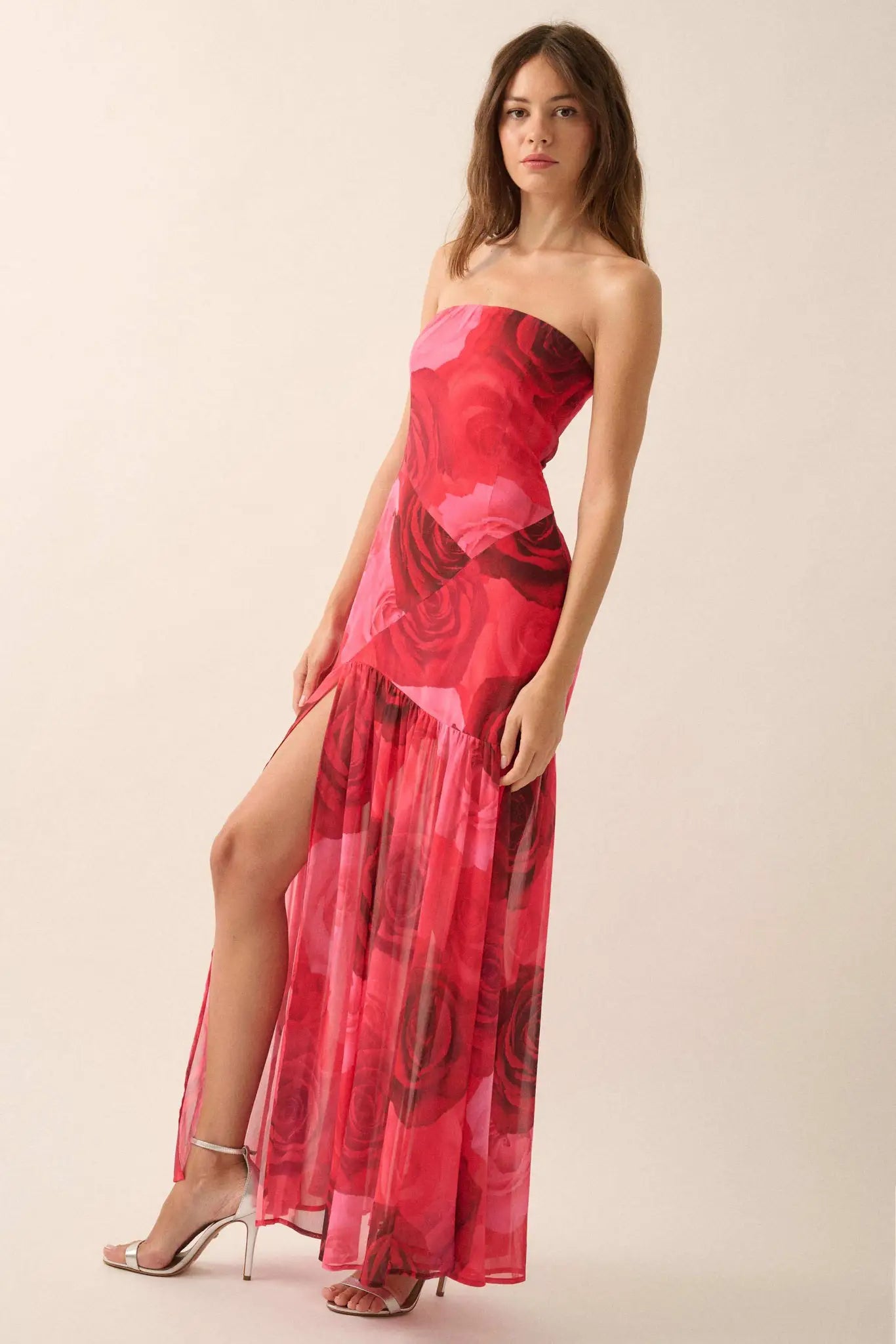 Roses Bloom Floral Strapless Drop-Waist Maxi Dress