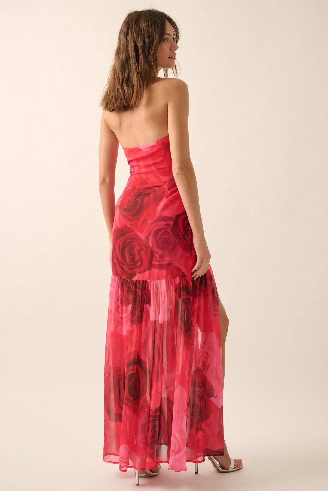Roses Bloom Floral Strapless Drop-Waist Maxi Dress