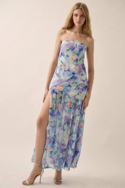 Garden Glow Floral Chiffon Strapless Maxi Dress