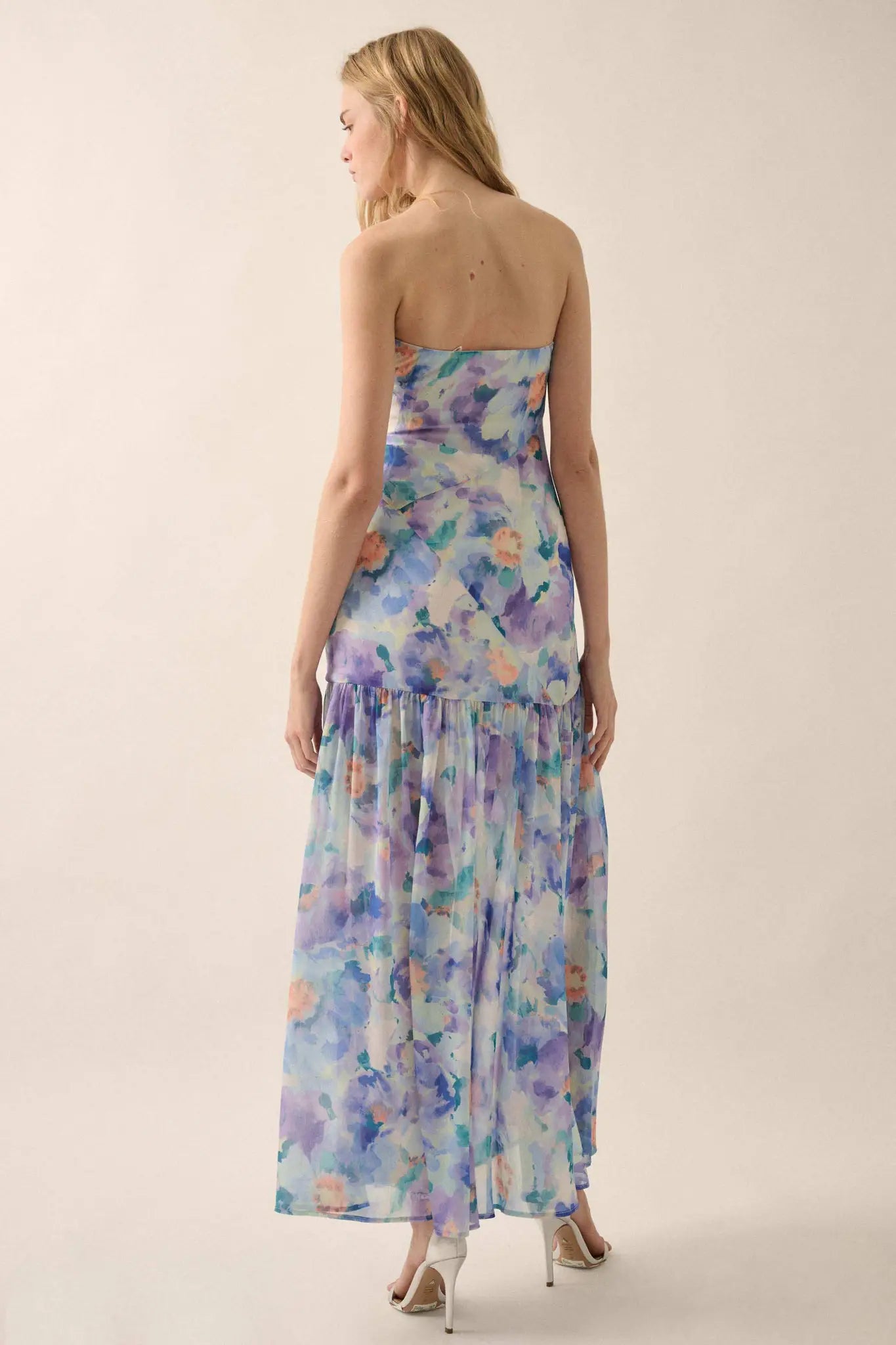 Garden Glow Floral Chiffon Strapless Maxi Dress