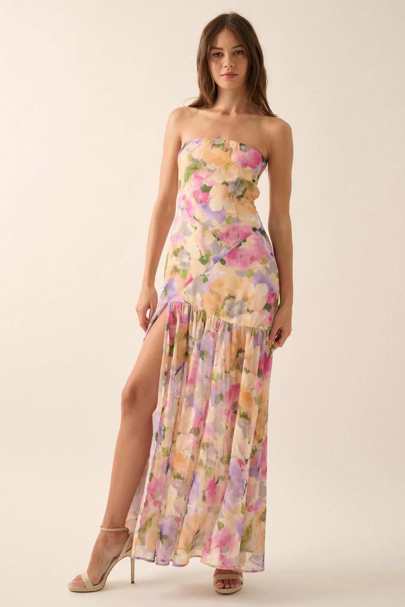 Garden Glow Floral Chiffon Strapless Maxi Dress