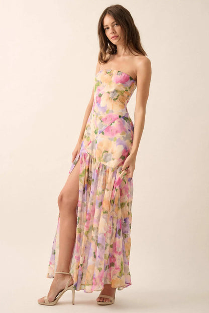 Garden Glow Floral Chiffon Strapless Maxi Dress