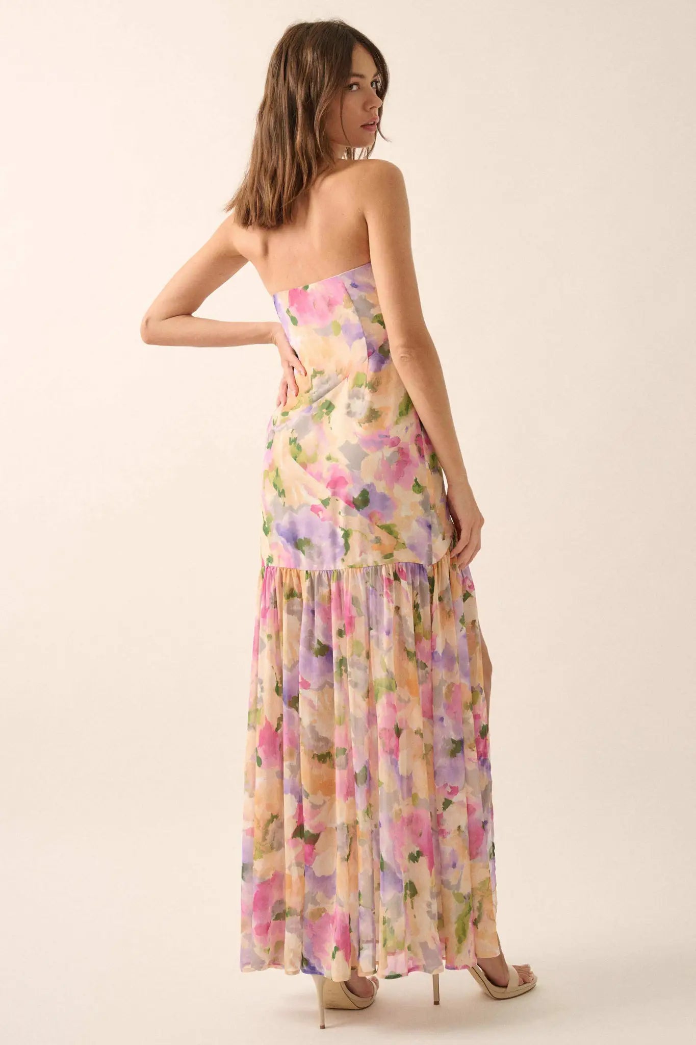 Garden Glow Floral Chiffon Strapless Maxi Dress