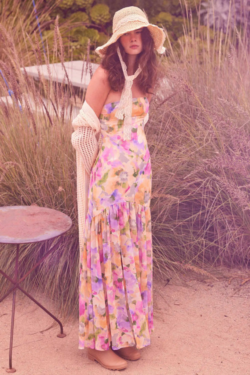 Garden Glow Floral Chiffon Strapless Maxi Dress
