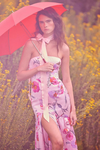 Eternal Spring Floral Satin Strapless Maxi Dress
