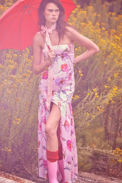 Eternal Spring Floral Satin Strapless Maxi Dress