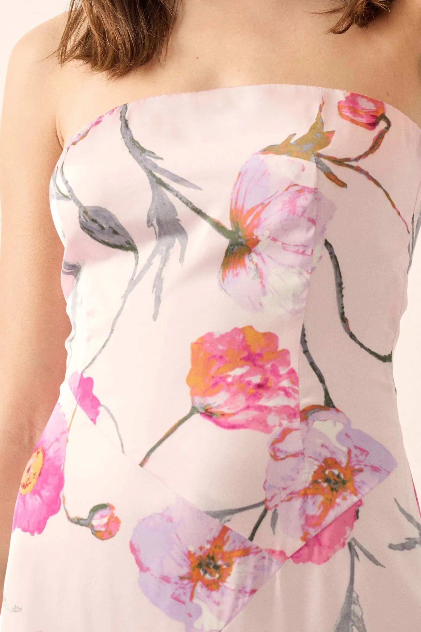 Eternal Spring Floral Satin Strapless Maxi Dress