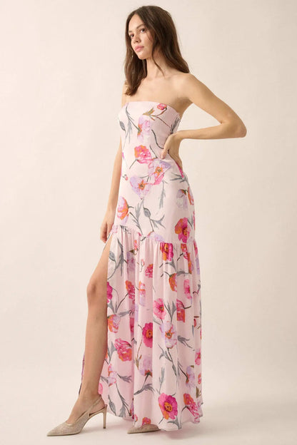 Eternal Spring Floral Satin Strapless Maxi Dress