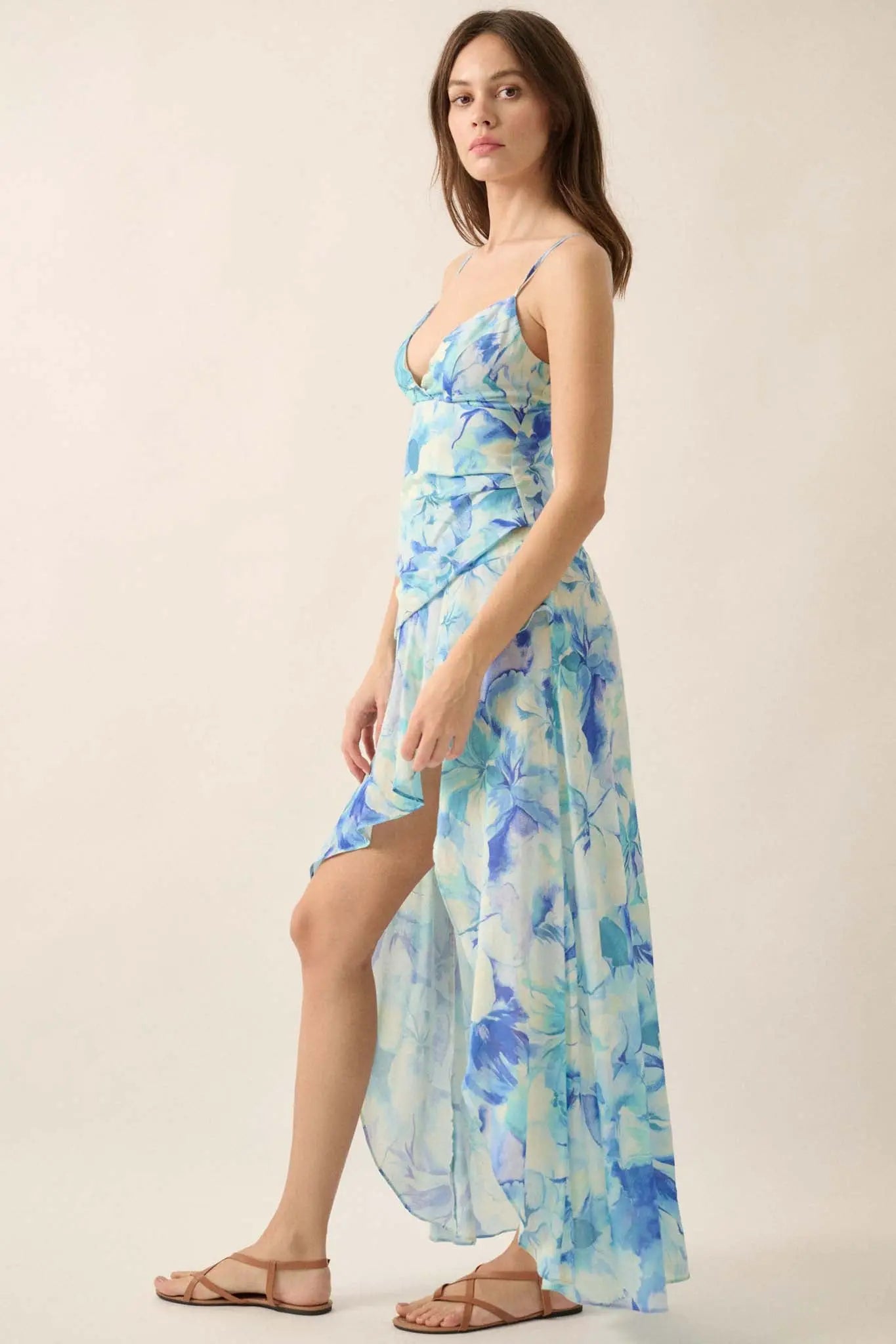 Cerulean Blooms Floral Wrapped Maxi Dress