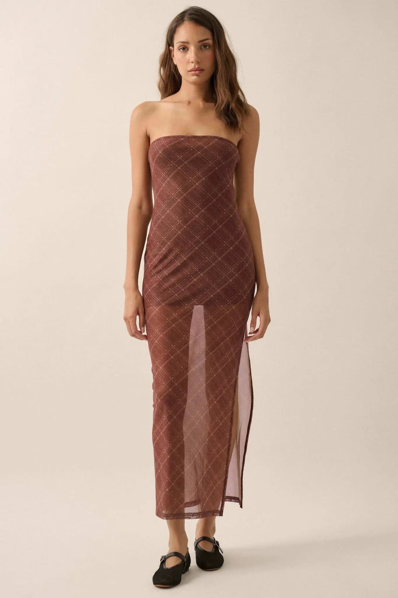 Plaid Vibes Strapless Plaid Mesh Maxi Dress
